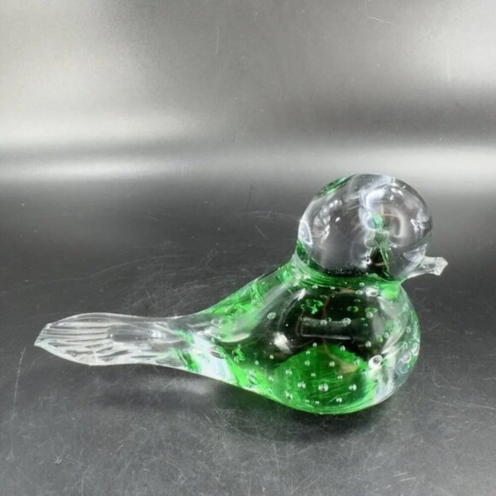 Vintage Italian Art Glass Green Bird Figurine With Small Bubbles Polished Bottom